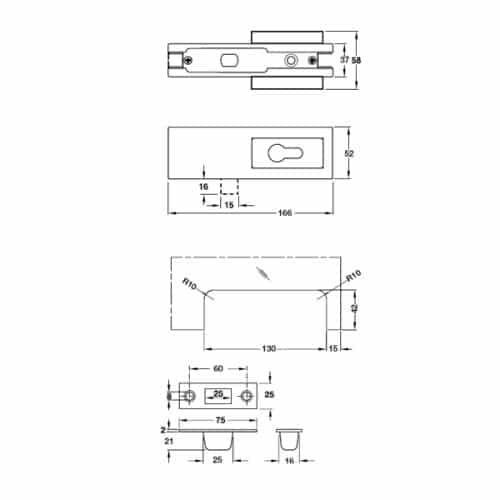 Kích thước của Khóa kẹp chân kính Inox bóng Hafele 981.00.66