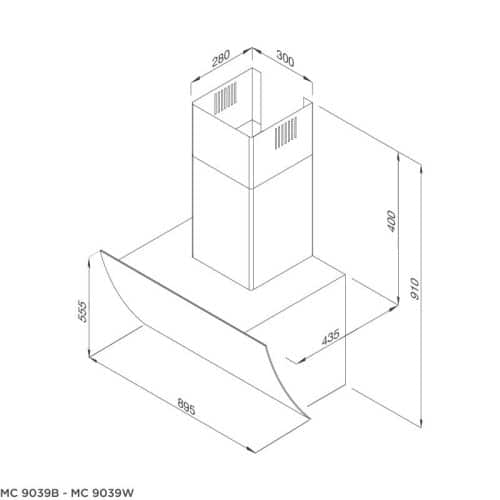 Kích thước máy hút mùi áp tường MALLOCA MC 9039B