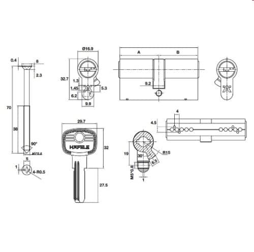 Ruột khóa 2 đầu chìa 65mm Hafele 489.56.002 3 Kích thước của Ruột khóa 2 đầu chìa 65mm Hafele 489.56.002