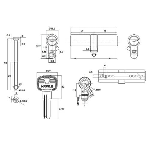 Ruột khóa 2 đầu chìa 71mm Hafele 489.56.001 3 Kích thước của Ruột khóa 2 đầu chìa 71mm Hafele 489.56.001