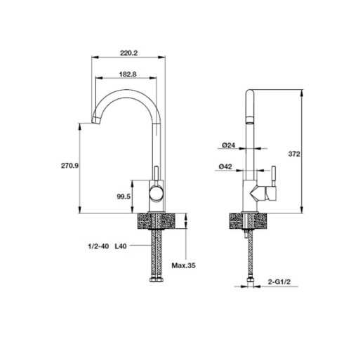 Kích thước vòi rửa bát Hafele HT19-GH1F270 570.51.390