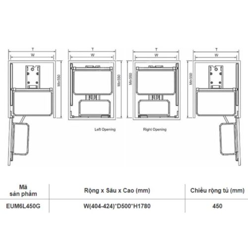 Kích thước tủ kho 6 tầng cánh mở Eurogold EUM6L450G