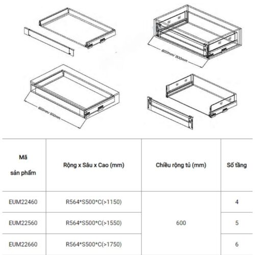 Kích thước tủ kho ngăn kéo độc lập Eurogold EUM22460