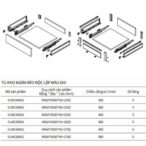 Kích thước tủ kho ngăn kéo độc lập Eurogold EUM23490G
