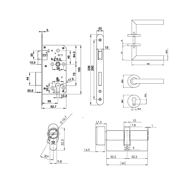 Kích thước bộ Khóa Cửa Tay Nắm Chụp DIY Hafele 499.62.504 Kích thước bộ Khóa Cửa Tay Nắm Chụp DIY Hafele 499.62.504
