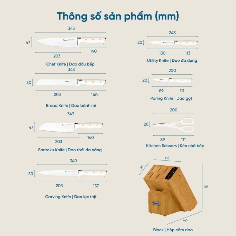 Thông số bộ dao làm bếp cao cấp 7 món Konox Gouter Thông số bộ dao làm bếp cao cấp 7 món Konox Gouter