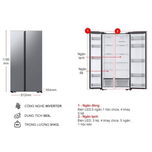 kich thuoc tu lanh 2 canh side by side inverter 583 lit samsung rs57dg400em9sv