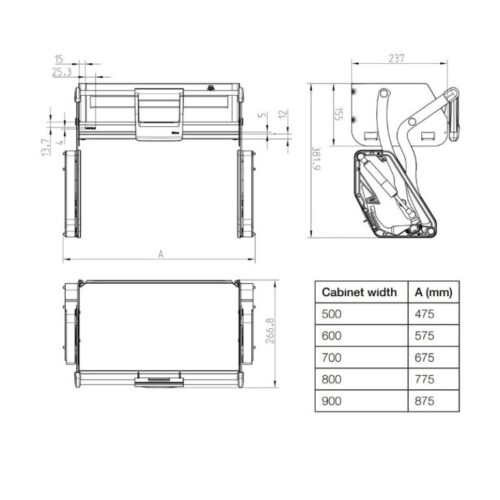 Kích thước kệ nâng hạ Hafele 504.68.372 Imove R600mm